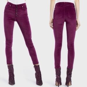 Alice & Olivia STRETCH VELVET‎ Good High Rise Exposed Skinny Jeans Maroon PURPLE
